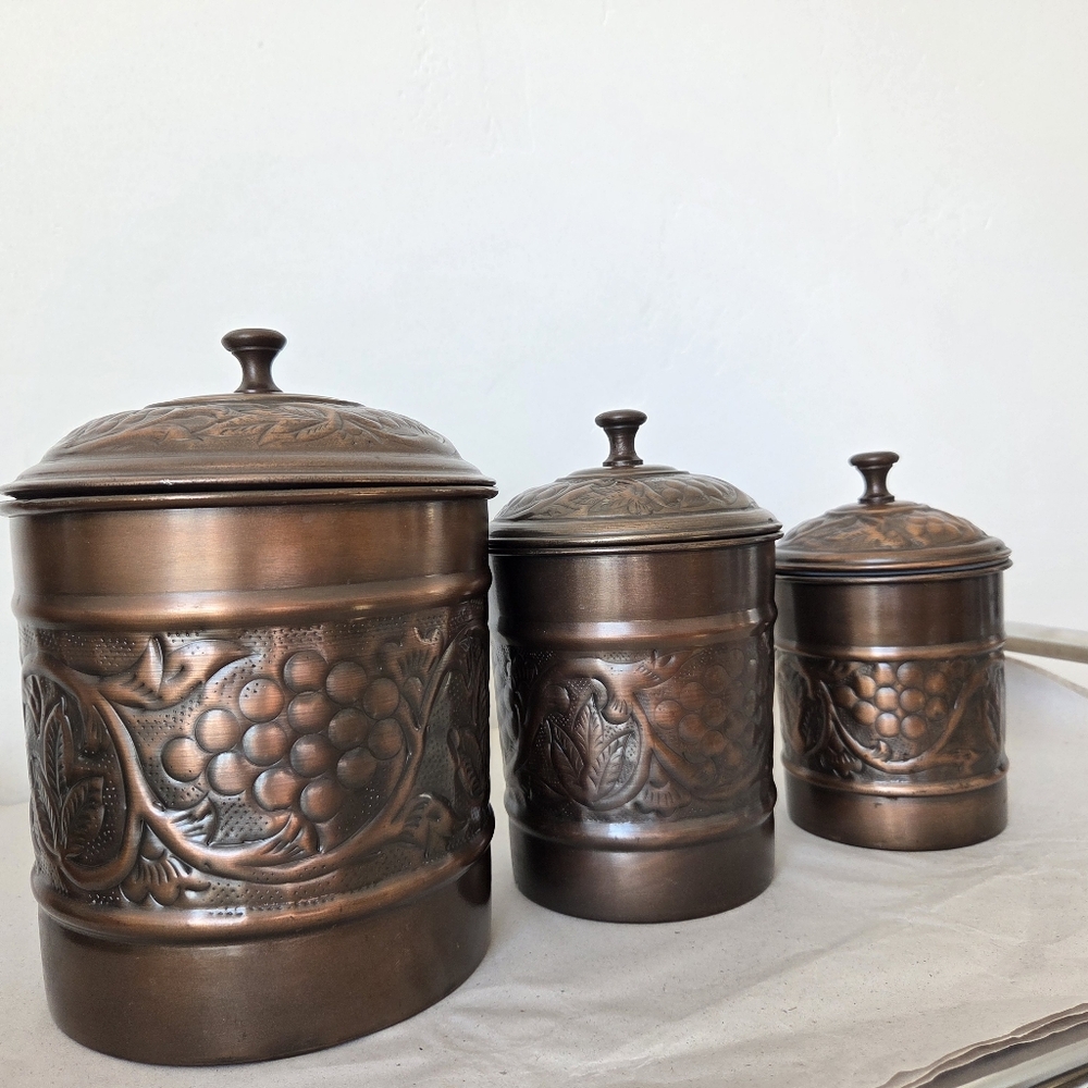 Copper Metal Canister Set Food Safe QDI Old Dutch MCM Rustic Kitchen Set Of 3